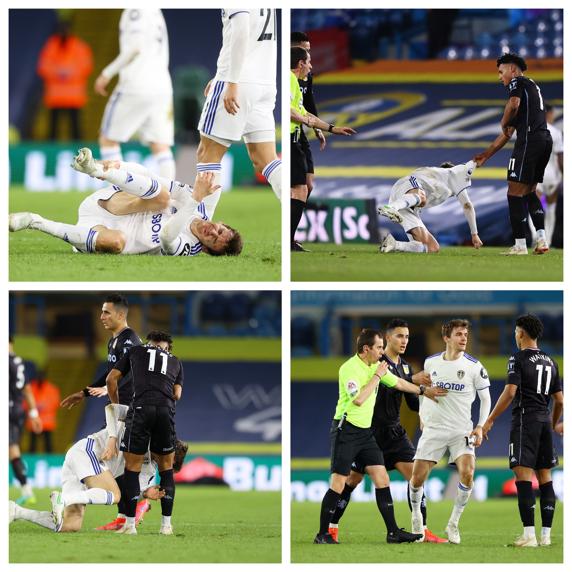 Llorente se retuerce de dolor tras una entrada de Watkins, del Aston Villa, con el que luego se encara