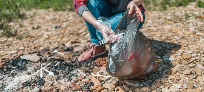 persona llenando una bolsa de basura con basura del sitio de picnic