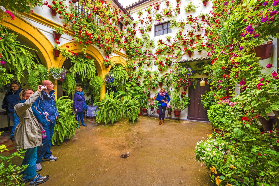 Un clásico patio cordobés recibe la visita de turistas durante el festival de los patios, que se suele celebrar en la segunda quincena de mayo.