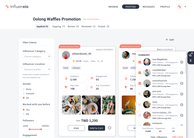 Una captura de pantalla de la plataforma de Influenxio