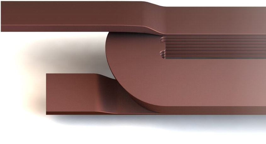 Render CG de bobinas de cobre impresas en 3D.