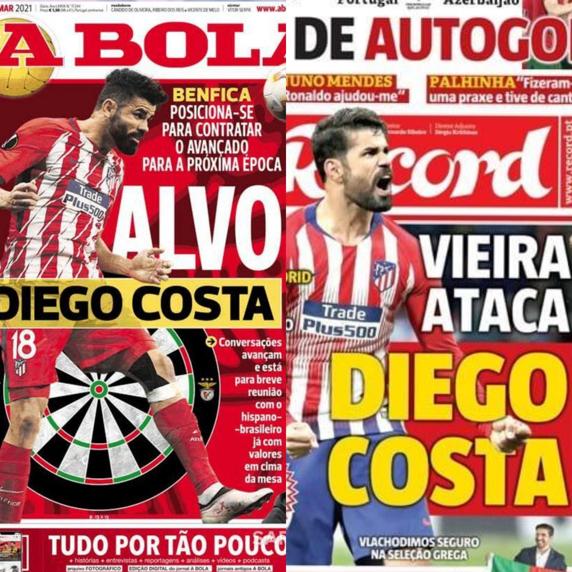 Portadas de A Bola y Record sobre la noticia de Diego Costa adelantada por Mundo Deportivo