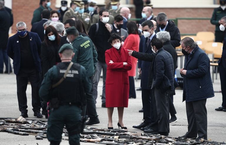 El presidente del Gobierno, Pedro Sánchez, en el acto institucional de destrucción de armas incautadas a bandas terroristas, en el Colegio de Guardias Jóvenes de Valdemoro (Madrid), este jueves.