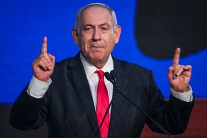 El primer ministro israelí, Benjamín Netanyahu, tras el cierre de los colegios electorales, el martes en Jerusalén.