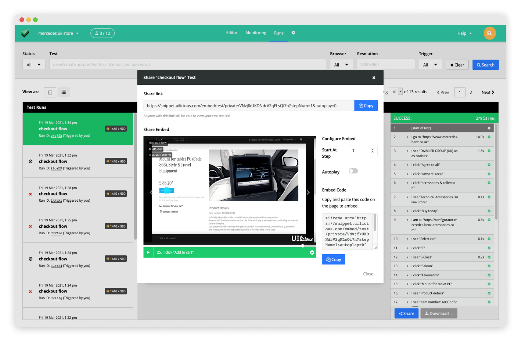 Una captura de pantalla de la función de informes de prueba de UI-licious