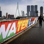 Rotterdam (Netherlands), 30/04/2021.- A view of the Erasmus Bridge covered with cloths with song titles in the run-up to the Eurovision Song Contest in Rotterdam, the Netherlands, 30 April 2021. The city is gradually being decorated in the atmosphere of the song festival, which will start on 18 May 2021. (Países Bajos; Holanda) EFE/EPA/Koen van Weel
