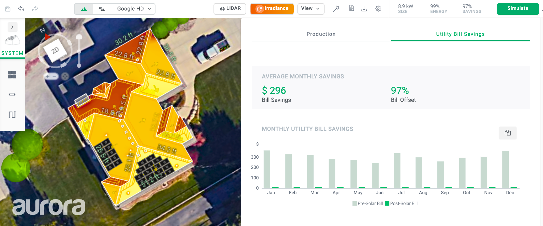 Una interfaz que muestra un diseño de techo solar y ahorro de energía.