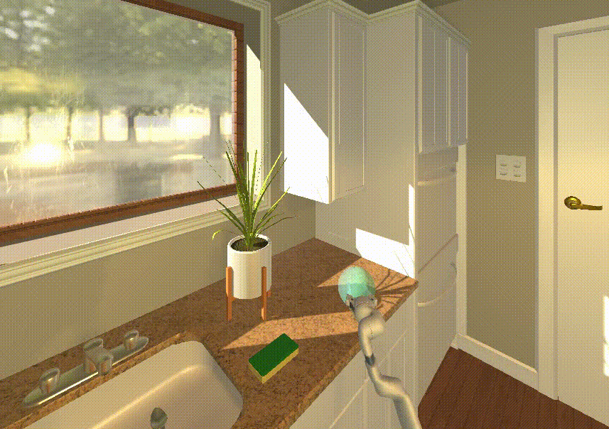 Imagen animada de un robot que navega por un entorno virtual y mueve elementos.