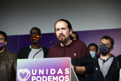 El exvicepresidente segundo, Pablo Iglesias, durante la noche electoral tras las elecciones madrileñas, el pasado 4 de mayo.