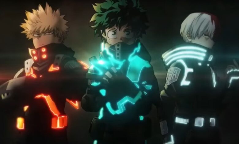 El póster de la película My Hero Academia muestra los nuevos disfraces de Deku, Bakugo y Shoto