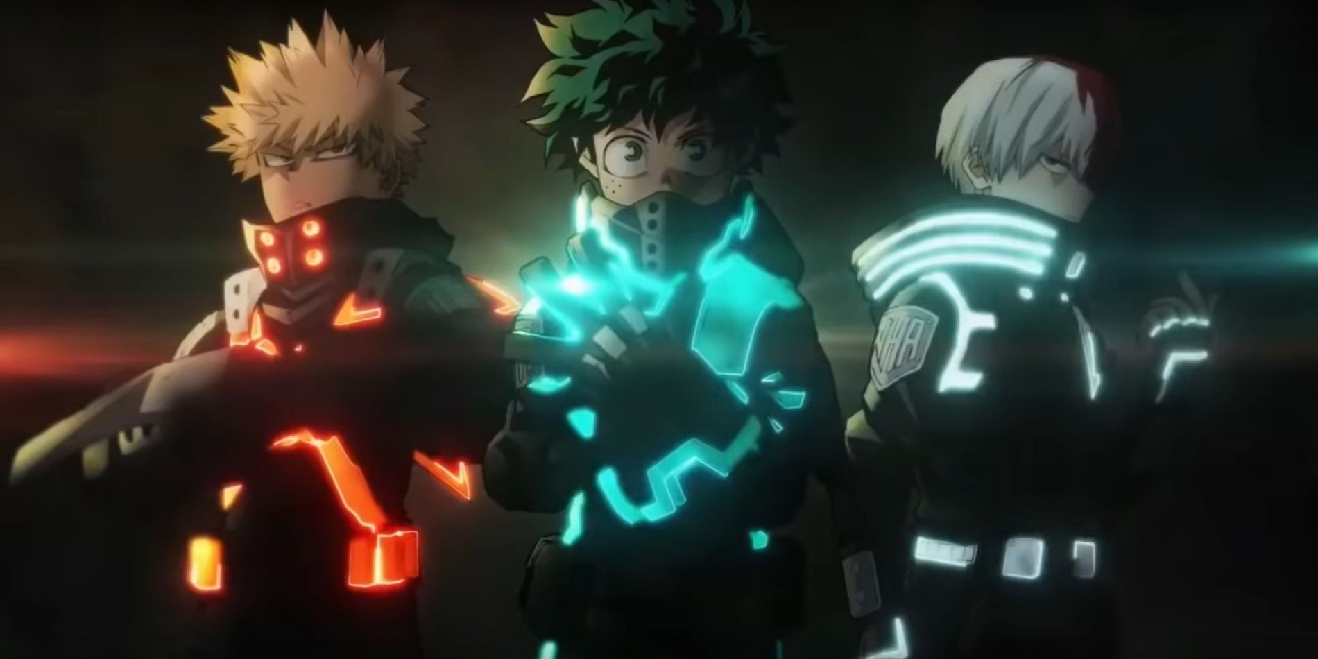El póster de la película My Hero Academia muestra los nuevos disfraces de Deku, Bakugo y Shoto