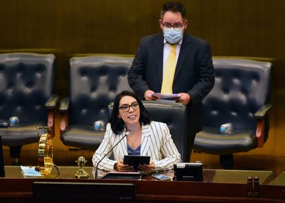La diputada Suecy Callejas, del oficialista Nuevas Ideas, durante la instalación de la nueva Asamblea Legislativa en El Salvador.