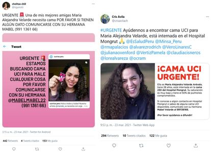 Imágenes de los mensajes en redes sociales buscando una cama UCI para María Alejandra Velarde.