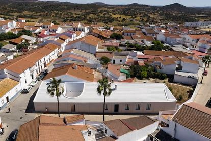 La vista aérea de la Casa Borrero, de Studio Wet, revela el inusual formato de su patio y cómo la vivienda encaja en el contexto de la población.