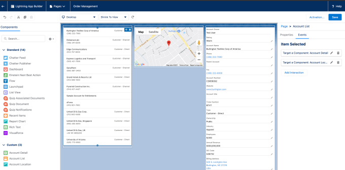 Un ejemplo de interacciones dinámicas de Salesforce.  Al hacer clic en un elemento de la izquierda, sus ubicaciones aparecen en el centro y la información sobre el elemento seleccionado a la derecha.