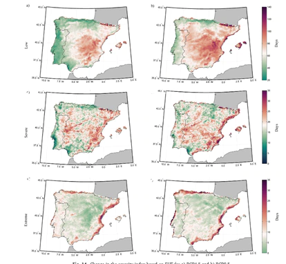 Cambio en el índice de severidad basado en índice EHF para el escenario intermedio (a) y el peor (b).