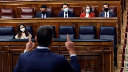 El presidente del Gobierno, Pedro Sánchez, interviene durante la sesión de control del 19 de mayo.