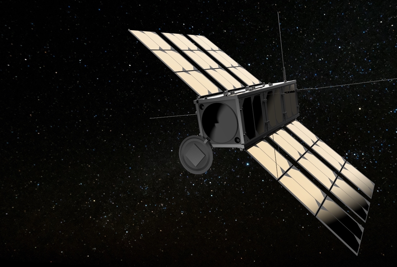 Maqueta de un satélite de imágenes de la Tierra OroraTech en el espacio.