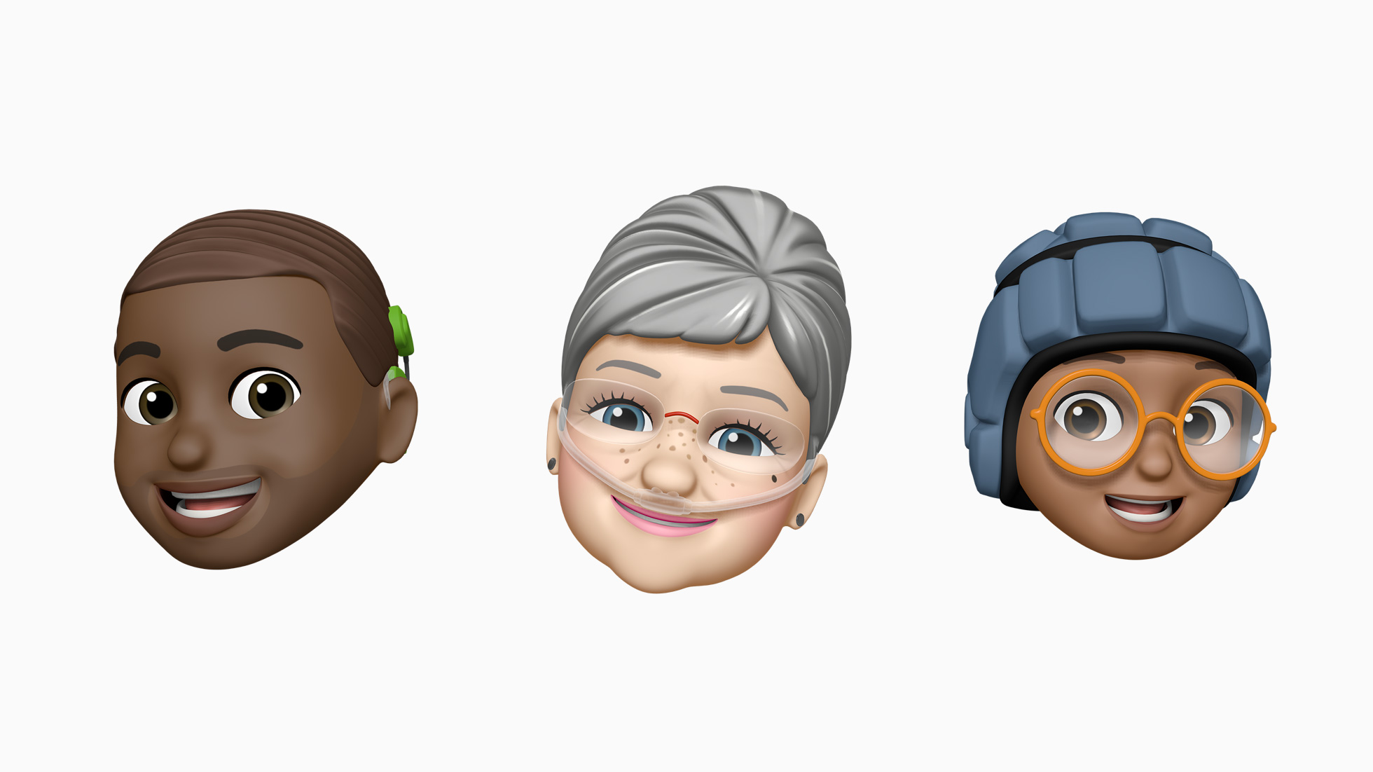 Imágenes de Apple Memoji con un implante coclear, un tubo de oxígeno y un casco blando.