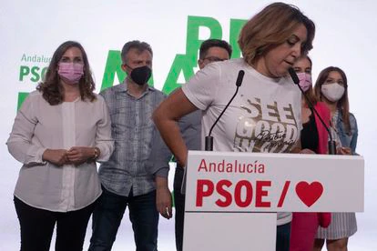 Susana Díaz en la sede del PSOE-A, tras las primarias celebradas este domingo.