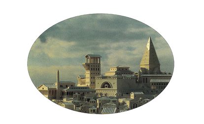 Detalle de un blanquísimo amanecer sobre Atlantis imaginado en una recreación pictórica.