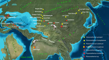 Distribución de los rinocerontes gigantes durante el Oligoceno.