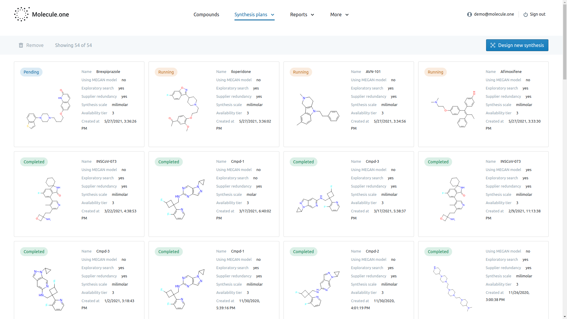 Captura de pantalla de la interfaz Molecule.one, que muestra las estructuras químicas.