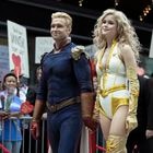 This image released by Amazon Studios shows Anthony Starr, left, and Erin Moriarty in a scene from "The Boys," premiering its second season on Friday. Episodes will be released weekly through Oct. 9. (Amazon Studios via AP)