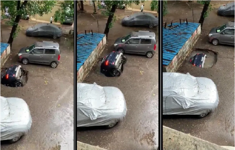 VIDEO: Coche se hunde, se lo traga la tierra, cae en un socavón, después de fuerte aguacero, video se hace viral