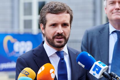 El presidente del Partido Popular, Pablo Casado, atiende a la prensa hace unos días en Bruselas.