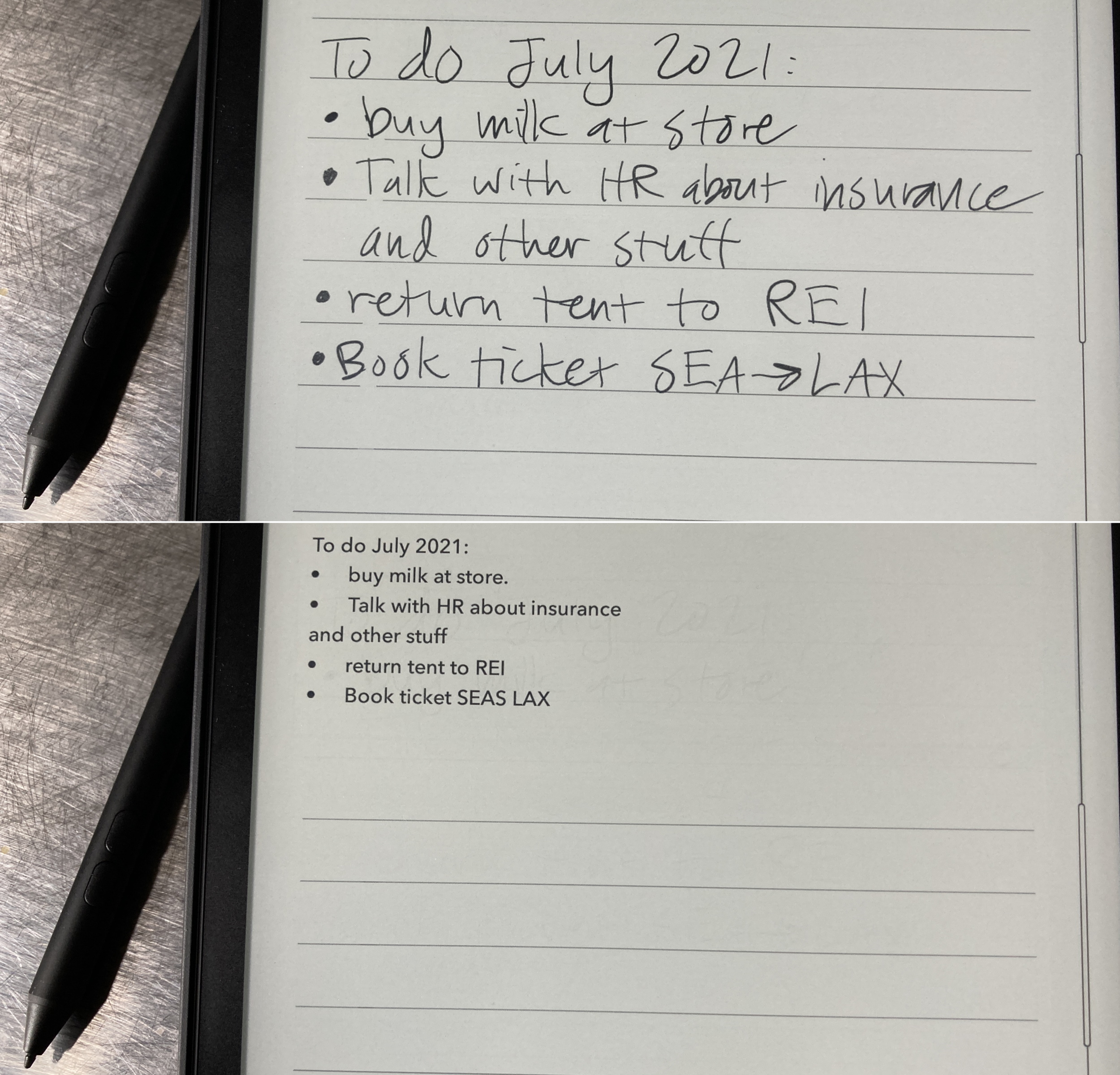 La escritura a mano se muestra en la tableta Elipsa antes y después de la conversión a texto mecanografiado.