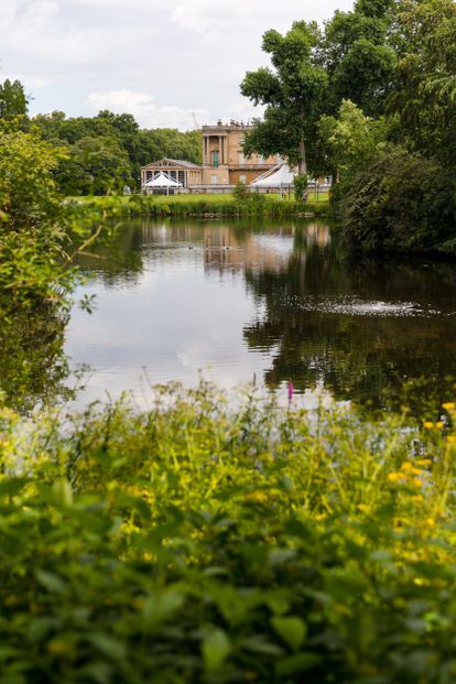 Vistas del lago y de la zona trasera del palacio de Buckingham desde sus jardines.