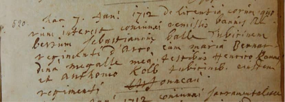 Registro matrimonial de Sebastian Ball y Bernhardina Mengal, el 7 de enero de 1712, en los registros eclesiásticos de Châtelet (Bélgica). / DIE LATERNE