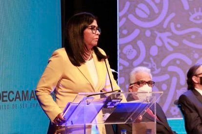 La vicepresidenta de Venezuela, Delcy Rodríguez, durante su intervención en la Asamblea Anual de Fedecámaras, el 20 de julio de 2021.