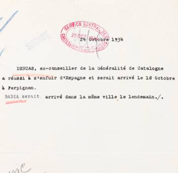 Un dels papers de les autoritats franceses, qualificat de “secret”, on es controla l’arribada de Dencàs a França.