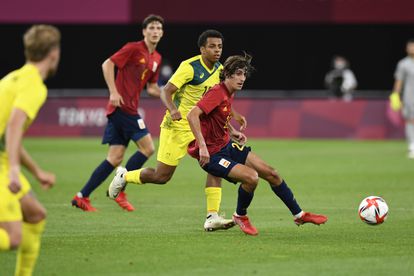 Bryan Gil, en una acción del partido entre España y Australia del grupo C de los Juegos Olímpicos de Tokio, que acabó con victoria de los españoles por 0-1.
