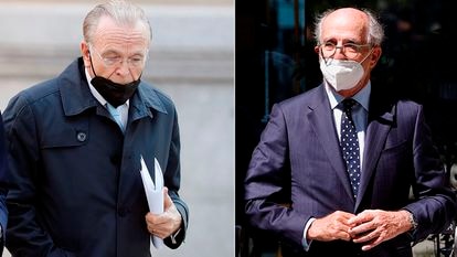 El expresidente de CaixaBank Isidro Fainé (a la izquierda) y el presidente de Repsol, Antonio Brufau, este lunes.