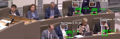Captura de una imagen de la cuenta de Twitter The Flemish Scrollers donde se ve el porcentaje de certeza que tiene el sistema de inteligencia artificial al detectar una cara y un móvil en las manos de cada diputado.