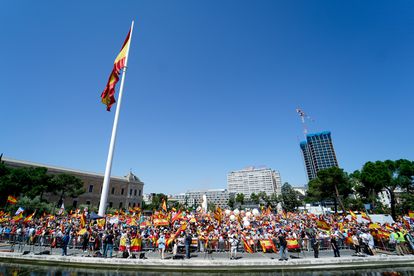 Manifestación en la plaza de Colón de Madrid, en Madrid, contra los indultos a los presos del ‘procés’, el 13 de junio.
