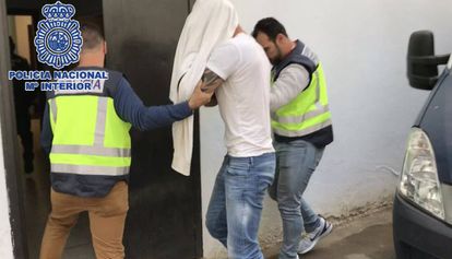 Agentes de la Policía Nacional trasladan al británico detenido en Marbella.