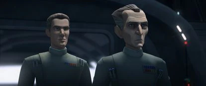 El vicealmirante Rampart y el almirante Tarkin (con el aspecto de Peter Cushing) en un capítulo de 'La remesa mala'.