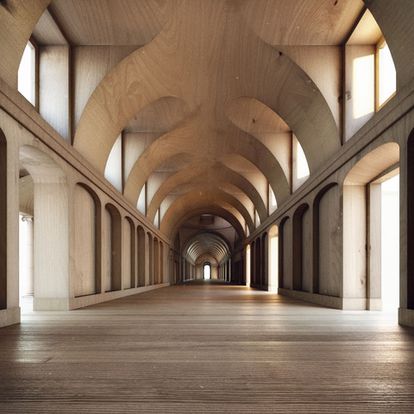 Representación tridimensional de la Gran Galería del Palacio de las Ciencias. Vista desde el extremo sur. 