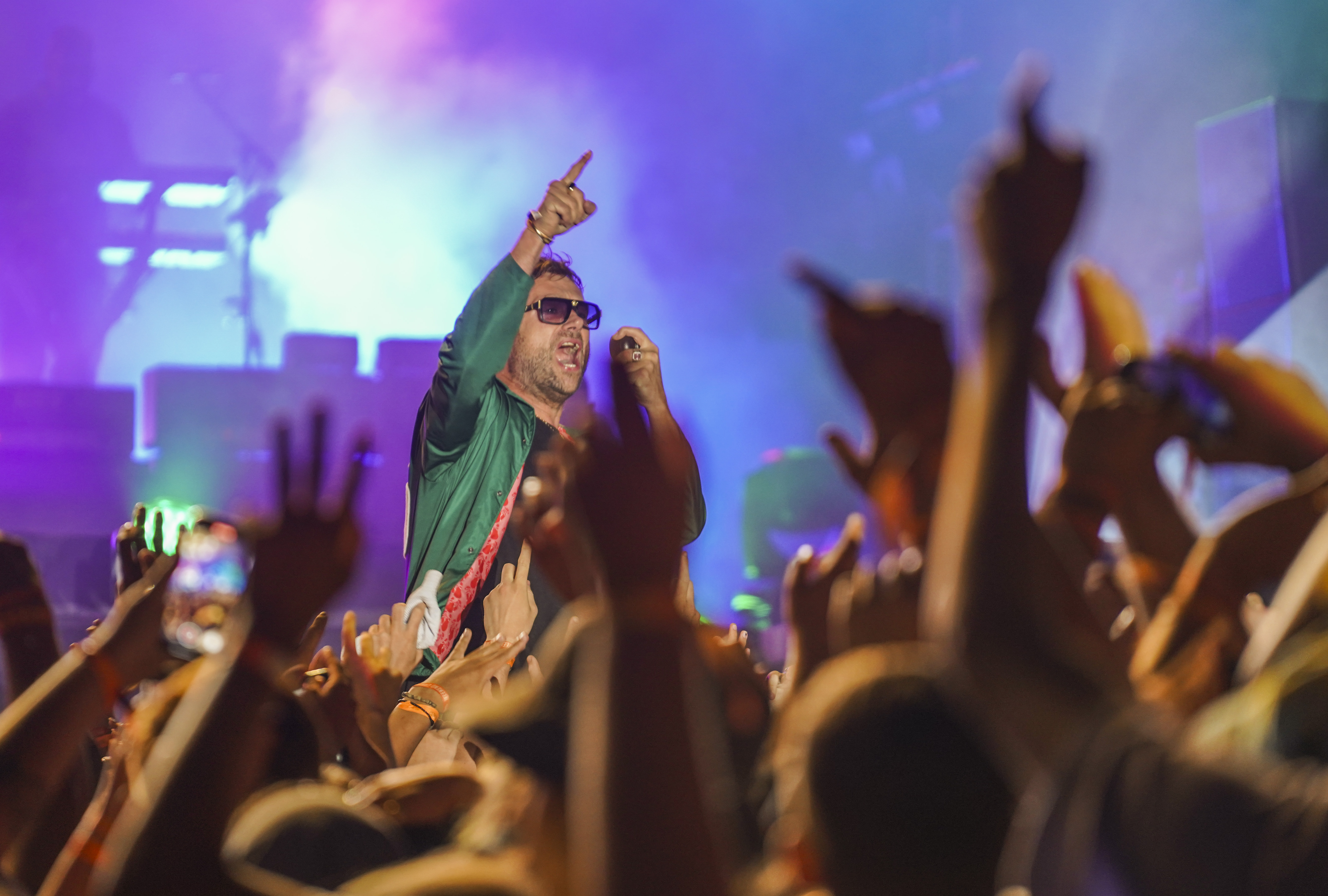 NEWQUAY, ENGLAND - AUGUST 14: Damon Albarn of Gorillaz performs on the Main Stage during Boardmasters Festival 2021 at Watergate Bay on August 14, 2021 in Newquay, England. (Photo by Hugh R Hastings/Getty Images)