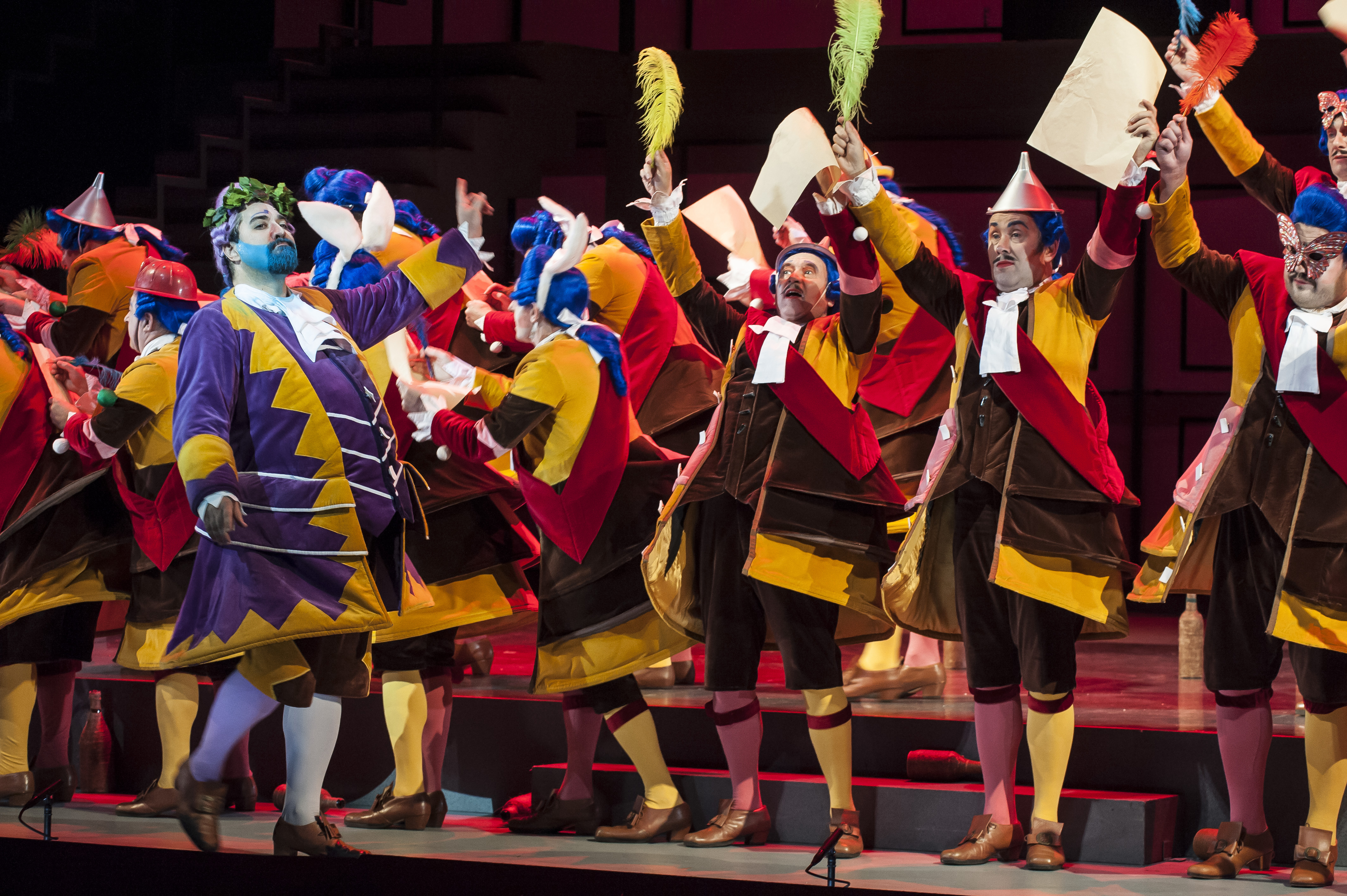 CARDIFF, WALES - OCTOBER 03:  Fabio Capitanucci as Don Magnifico and the Company perform on stage during the Welsh National Opera performance of âLa Cenerentola' - Dress Rehearsal at Wales Millennium Centre on October 3, 2018 in Cardiff, Wales.  (Photo by John Snelling/Getty Images)