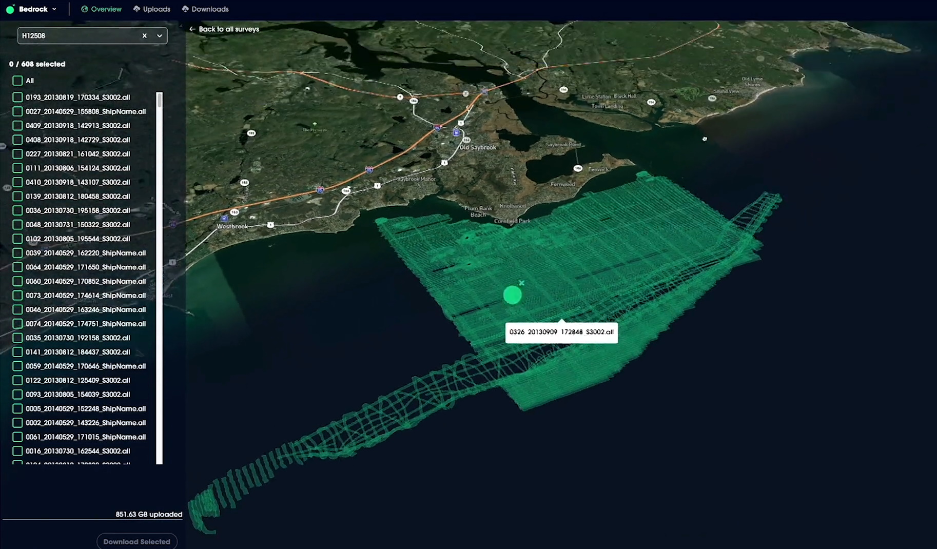 Ejemplo de datos en el sistema Mosaic de Bedrock, que muestra un mapa y senderos de puntos de datos.