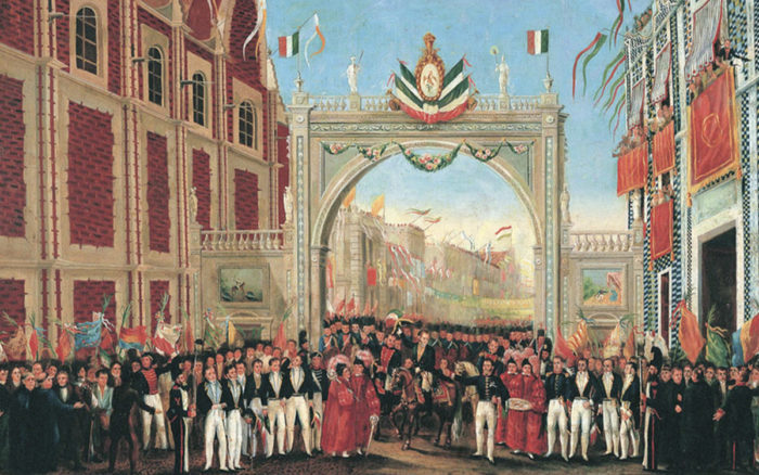 Solemne y pacífica entrada del ejército de las tres garantías a la ciudad de méxico el día 27 de septiembre del memorable año de 1821, ca. 1822. Obra anónima. Óleo sobre tela. Museo Nacional de Historia, Secretaría de Cultura, INAH