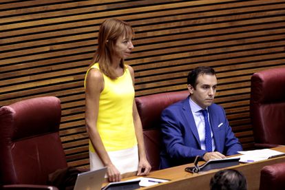 La diputada del grupo parlamentario Vox Rebeca Serna, toma posesión de su cargo durante un pleno de las Cortes Valencianas.