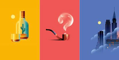 Ilustraciones realizadas por Maria Picassó de las portadas de la edición conjunta de Acantilado y Anagrama de 'El fondo de la botella', 'Maigret duda' y 'Tres habitaciones en Manhattan'.