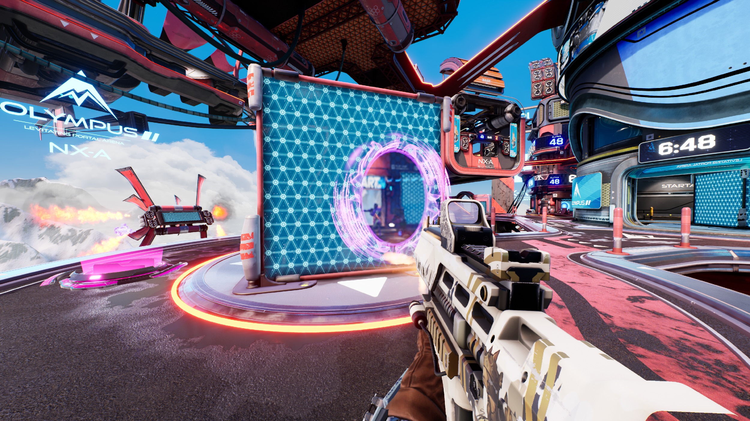 Captura de pantalla del juego Splitgate que muestra a un jugador apuntando a través de un portal