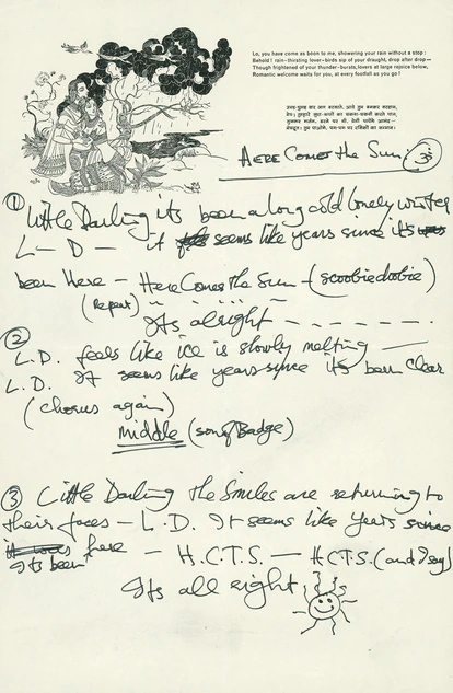 La letra, escrita a mano por Harrison y con sus dibujos, de 'Here Comes The Sun'.